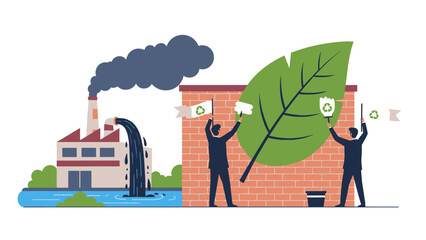 Naklejka premium Sustainable future concept showing people painting a green leaf on a wall, symbolizing eco-friendly efforts against industrial pollution and environmental damage.