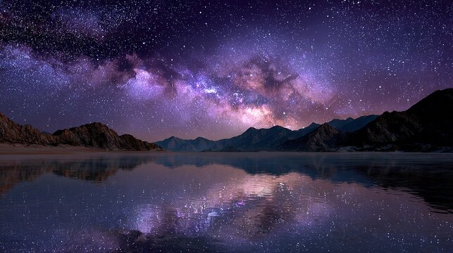 Milky Way Over Calm Water: A breathtaking panorama of the Milky Way galaxy stretches across a deep purple night sky, its celestial beauty perfectly mirrored in the tranquil, dark water below.