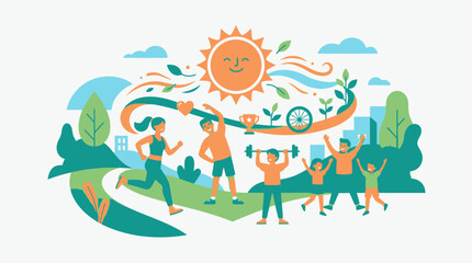 Naklejka premium Healthy lifestyle illustration with people exercising outdoors under a smiling sun and green nature