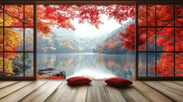 Peaceful autumn lake view through large window with reflection and trees