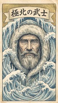 Portrait of Piri in Ukiyo-e style, framed by a border of frozen waves.  Japanese calligraphy inscription: "The Northernmost Warrior"
