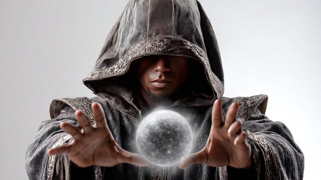 Mysterious Fortune Teller: A person in a hooded robe holds a glowing crystal ball, casting an enigmatic aura as they perform a mystical divination. The image evokes a sense of mystery, magic.