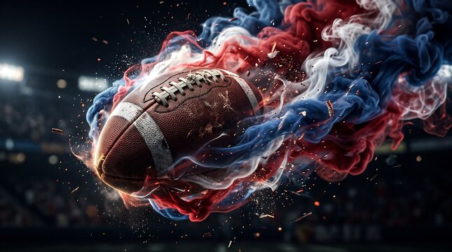 American football soaring through red and blue smoke