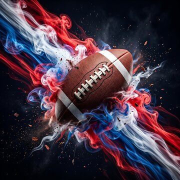 American football with dynamic red and blue smoke