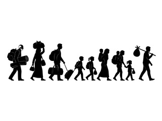 Obraz premium Refugee family silhouette vector, group of migrants walking with luggage, displaced people and homeless immigrants fleeing war and crisis