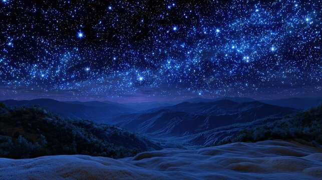 Celestial Wonder: A breathtaking vista of rolling hills under a vibrant starry night sky, with the Milky Way stretching across the celestial expanse.