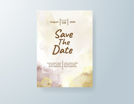Modern wedding invitation layout with abstract watercolor texture and romantic calligraphy lettering style