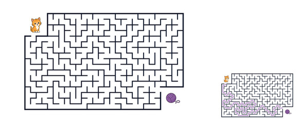 Cat navigating maze to reach a ball of yarn in a cartoon style  