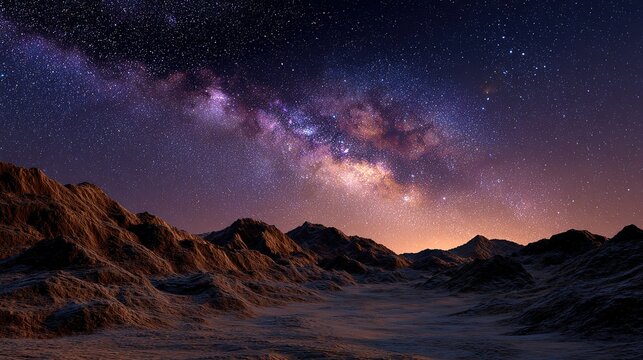 Celestial Symphony Over Arid Landscape: The breathtaking Milky Way galaxy stretches across a star-studded night sky.