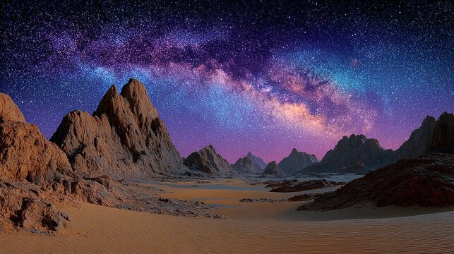 Cosmic Desert Landscape: A surreal desert scene under a vibrant, star-filled night sky, featuring rugged rock formations and the majestic sweep of the Milky Way galaxy.