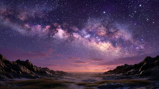 Celestial Panorama: The majestic Milky Way arcs across a vibrant twilight sky, painting the cosmos with hues of purple and pink above a rugged, otherworldly landscape.