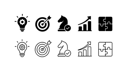 Fototapeta premium Business Strategy and Development Icon Set in Silhouette and Outline Style