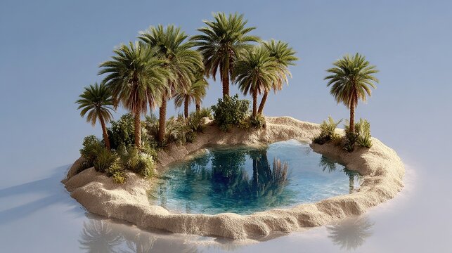 Oasis Paradise: A serene oasis shimmering under a clear blue sky, featuring a crystal-clear pool surrounded by lush palm trees and arid sand dunes, creating an idyllic desert haven.