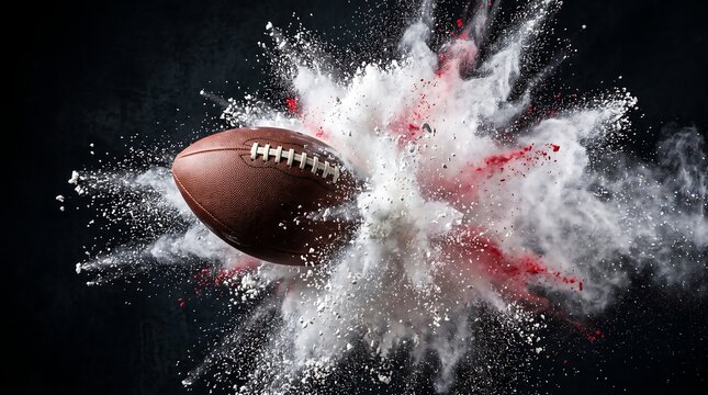 American football exploding in dynamic white powder burst