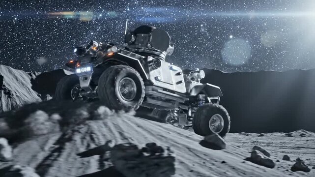 A robotic rover traverses the rocky surface of the moon beneath a starry sky while exploring celestial terrain to gather scientific data and conduct geological research during an active space