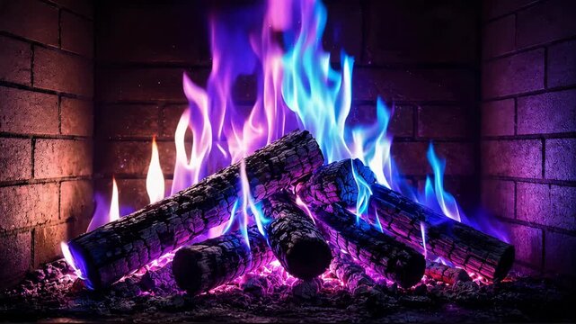 Magical Purple Fireplace With Burning Logs &mdash; A vivid purple and blue fire burns over charred logs inside a dark brick fireplace, creating a mysterious fantasy atmosphere.