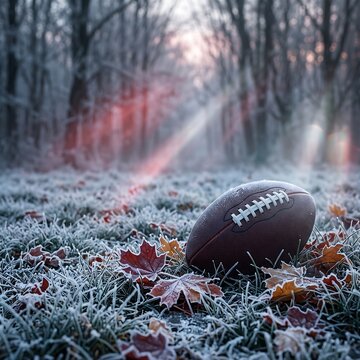 Frosty football on autumn leaves in a misty forest dawn