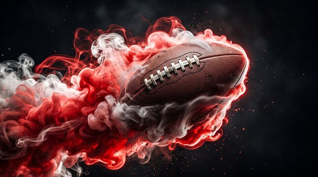American football soaring through vibrant red smoke