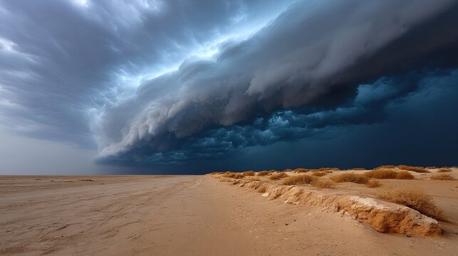 Ominous Storm Gathering Over Desert: A dramatic shelf cloud looms over a vast, arid desert landscape, signaling an impending storm and evoking a sense of raw power and desolation.
