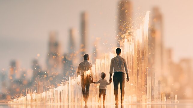 Concept conceptual image of family generational wealth, three generations of same family silhouetted against glowing financial growth chart background, grandfather father and young child, ascending 