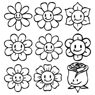 Cute smiling flower character set hand drawn happy floral icon collection line art