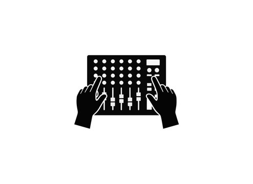 Hands adjusting audio levels on a mixing console. Sound engineering concept