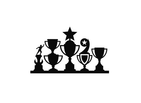 Collection of sports trophies on a shelf. Silhouette vector illustration