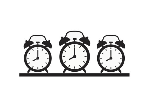 Three vintage alarm clocks on a shelf. Flat vector illustration