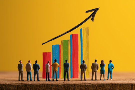 Group of Tiny Miniature Figures Looking at Growth Chart Against Yellow Background