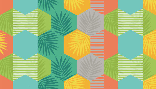 Modern geometric seamless pattern of hexagonal tiles with tropical palm leaves in vibrant summery colors.