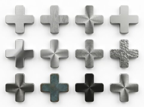 A Collection of Twelve Unique Metallic Plus Signs With Varied Surface Textures