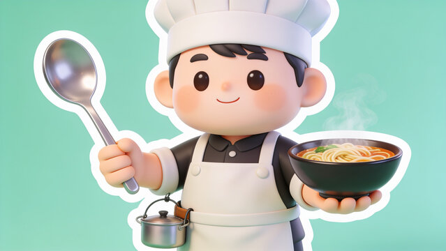 Cheerful cartoon chef holding a steaming bowl of soup and a large spoon