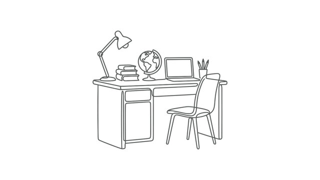 Minimalist Desk Setup with Laptop, Globe, Lamp and Books Line Art