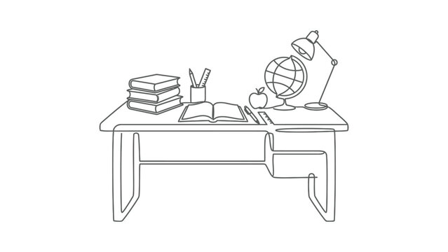 Study Desk with Books Lamp Globe and Apple Line Art Illustration