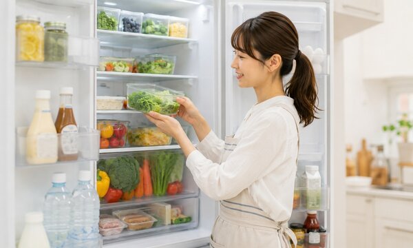 冷蔵庫を整理しながら野菜を保存する女性の食品ストックと家事風景