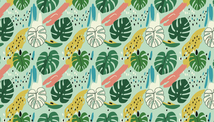 Naklejka premium Fresh mint green seamless pattern of monstera leaves with abstract brushstrokes, dots and modern textures.