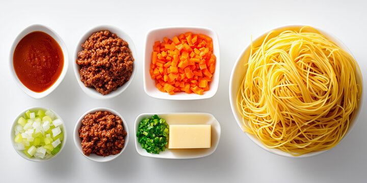 Bolognese Pasta Cooking Ingredients Flat Lay Top View