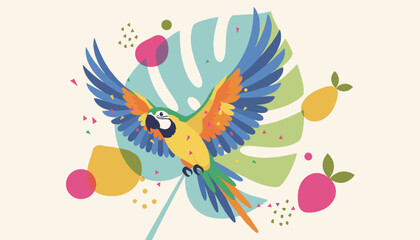Naklejka premium Beautiful colorful parrot macaw flying over monstera leaves and abstract shapes on beige background banner.