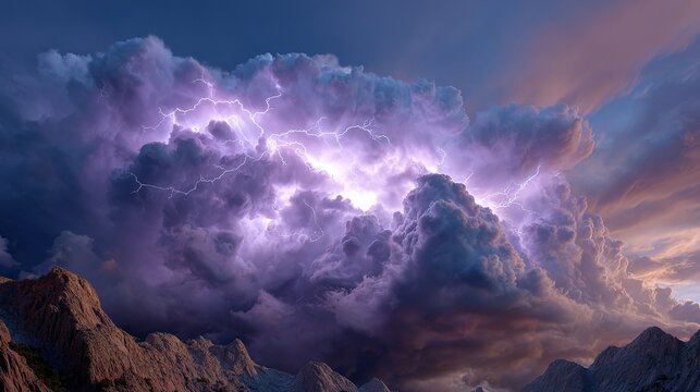 Dramatic Lightning Storm Over Mountain Peaks: A powerful lightning storm illuminates the sky with vibrant purple hues, casting an eerie glow over rugged mountain peaks under a turbulent sky.