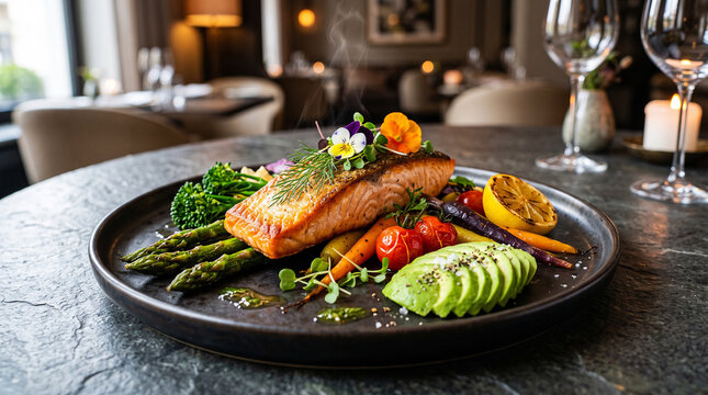 Luxury healthy gourmet salmon dish with fresh vegetables, avocado and elegant fine dining presentation