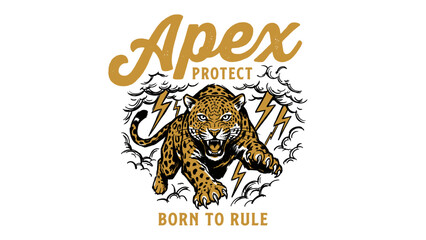 Vintage Apex Leopard Jaguar Panther Wildcat Illustration with Lightning Clouds Ornament for T-Shirt Design Print and Apparel Merchandise © Rizalivn