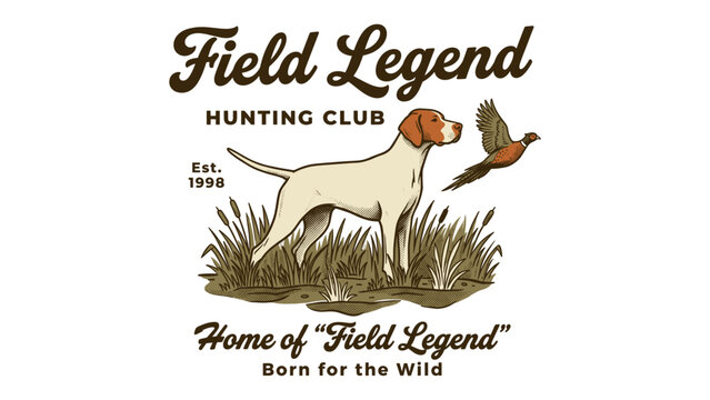 Vintage hunting club field legend pointer dog and pheasant bird illustration in retro hand-drawn style for t-shirt design print and merchandise apparel