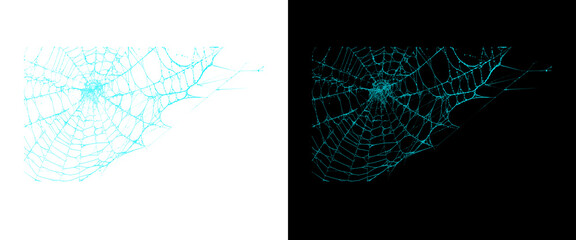 Glowing cyan spider web set on black and white backgrounds, neon cobweb design elements, digital spiderweb graphics for Halloween and spooky themes © Stocker BD