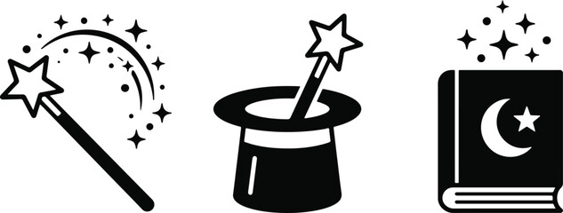 A collection of black and white magic icons featuring a wand a top hat and a spell book illustration © Rujina