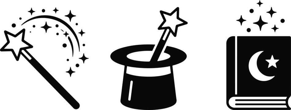 A collection of black and white magic icons featuring a wand a top hat and a spell book illustration