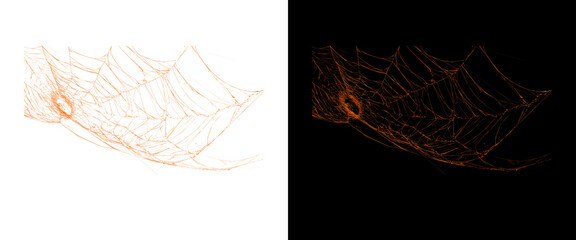 Orange spider web design elements, glowing cobweb texture on black and white backgrounds, spooky halloween spiderweb graphics for digital art © Stocker BD