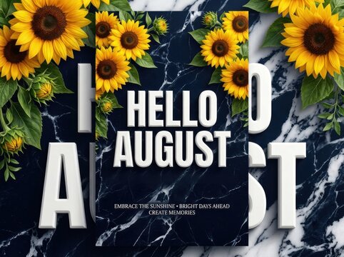 Sunflowers blooming against dark marble with bold 'Hello August' text for summer greetings