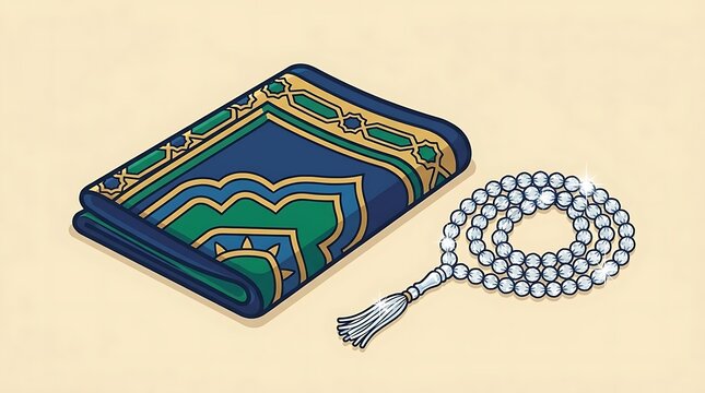 Folded blue prayer mat with white prayer beads.