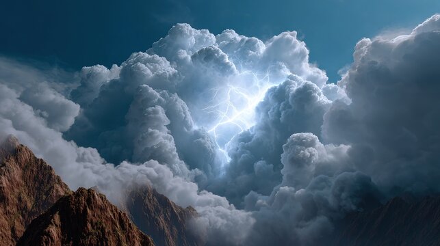 Electric Sky Over Mountain Peaks: A dramatic lightning bolt illuminates the turbulent clouds swirling above rugged mountain peaks under a stormy sky, capturing the raw power of nature.