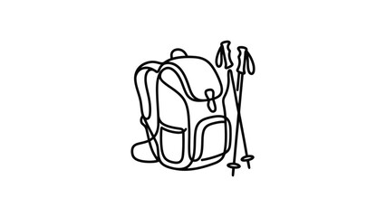 Obraz premium Hiking Backpack and Trekking Poles Line Art Icon